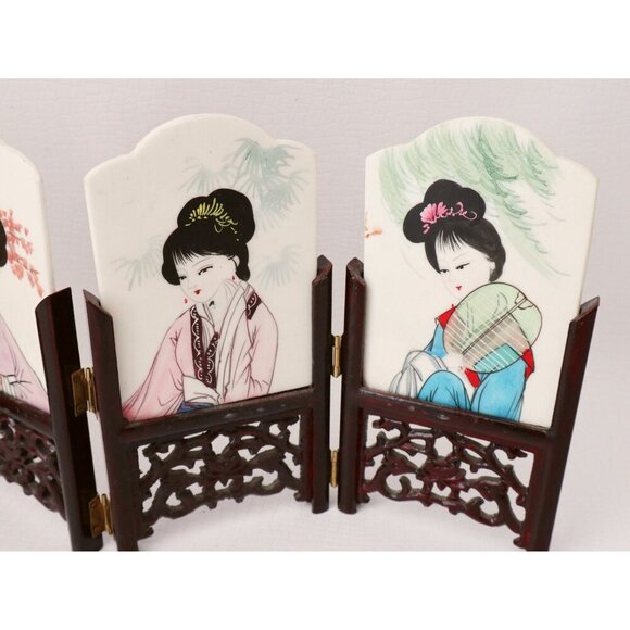 Vintage Mini Folding Screen 2 Sided Panels Handpainted Chinese Marble Art Geisha - Picture 3 of 7